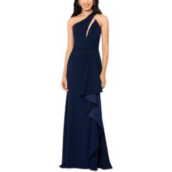 NWT Betsy & Adam | Petites Navy Blue One Shoulder Illusion Evening Dress 4P - Picture 1 of 11